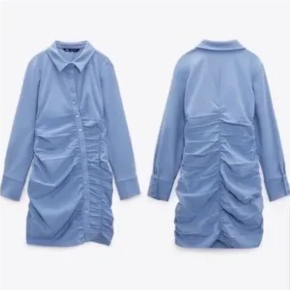 NWT Zara Asymmetric Draped Blue Shirt Dress M - Picture 4 of 15